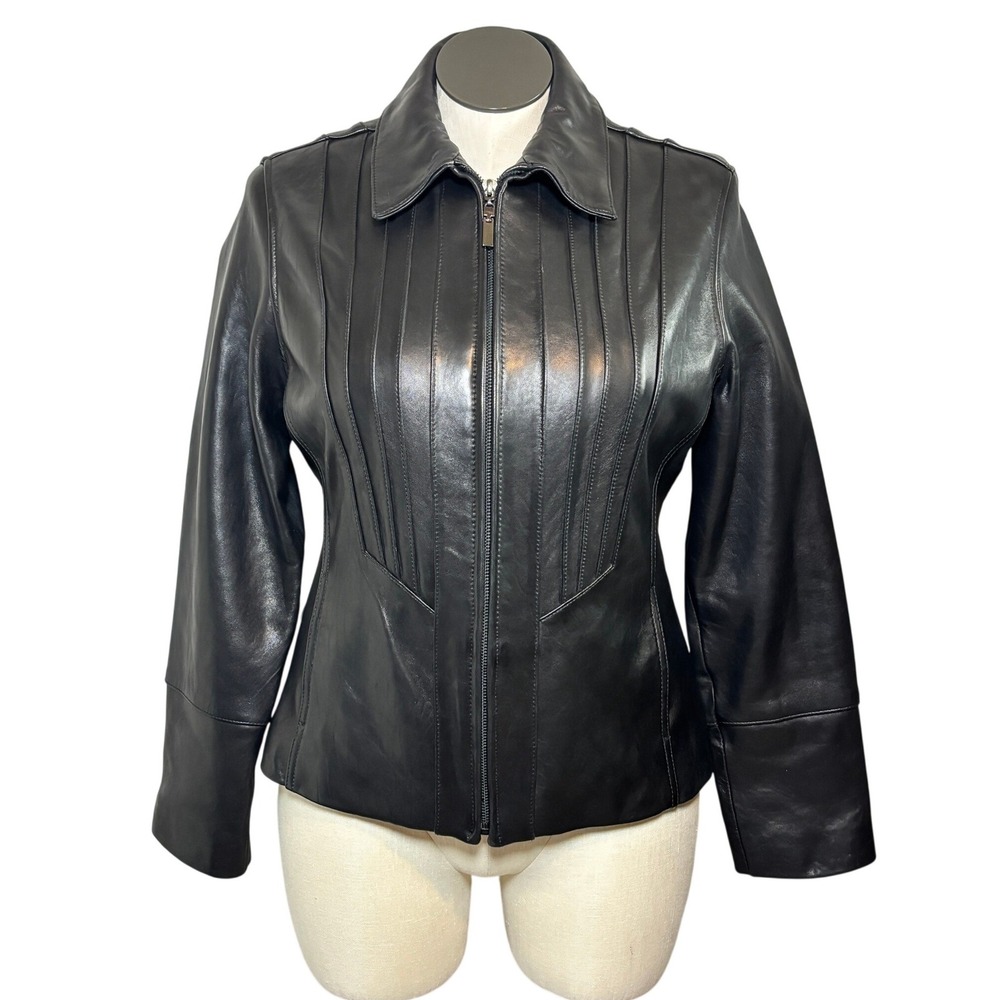 Avanti New York Womens Black Genuine Leather Zip Up Pintuck Pleated Jacket Large